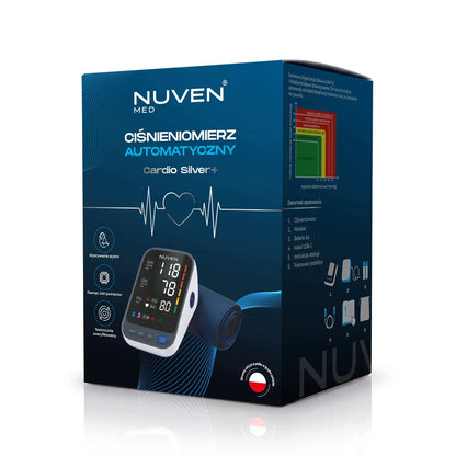NUVEN žastinis kraujospūdžio matuoklis „Cardio Silver+“ su garsiniais pranešimais lenkų kalba, dideliu LCD ekranu, TUV