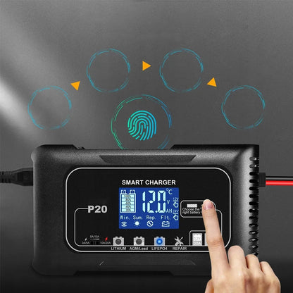 P20 20 A automatinis išmanusis akumuliatoriaus įkroviklis