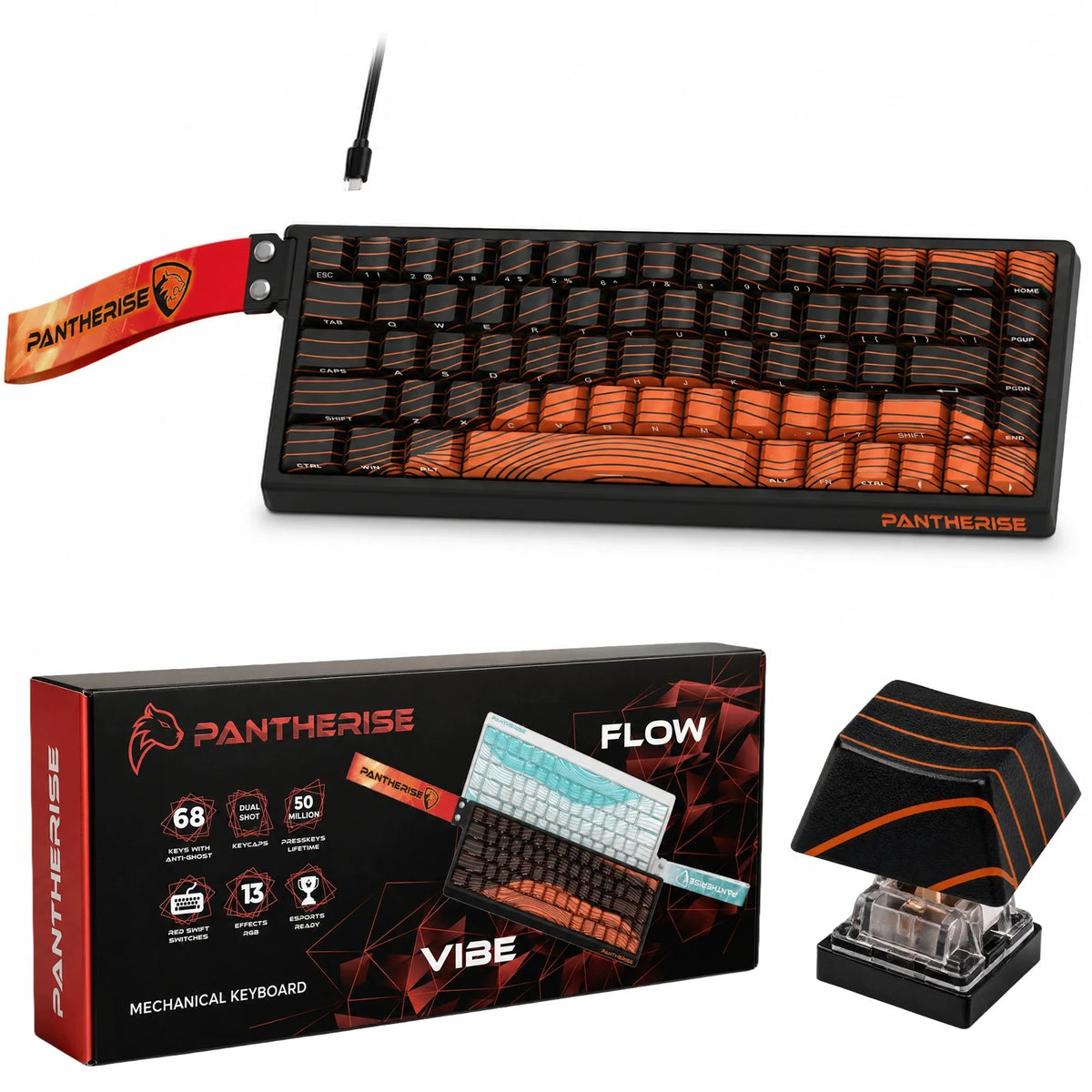 PANTHERISE VIBE belaidė mechaninė klaviatūra, Bluetooth, RGB LED, 68 klavišų, 2,4 GHz, USB-C, žaidimams