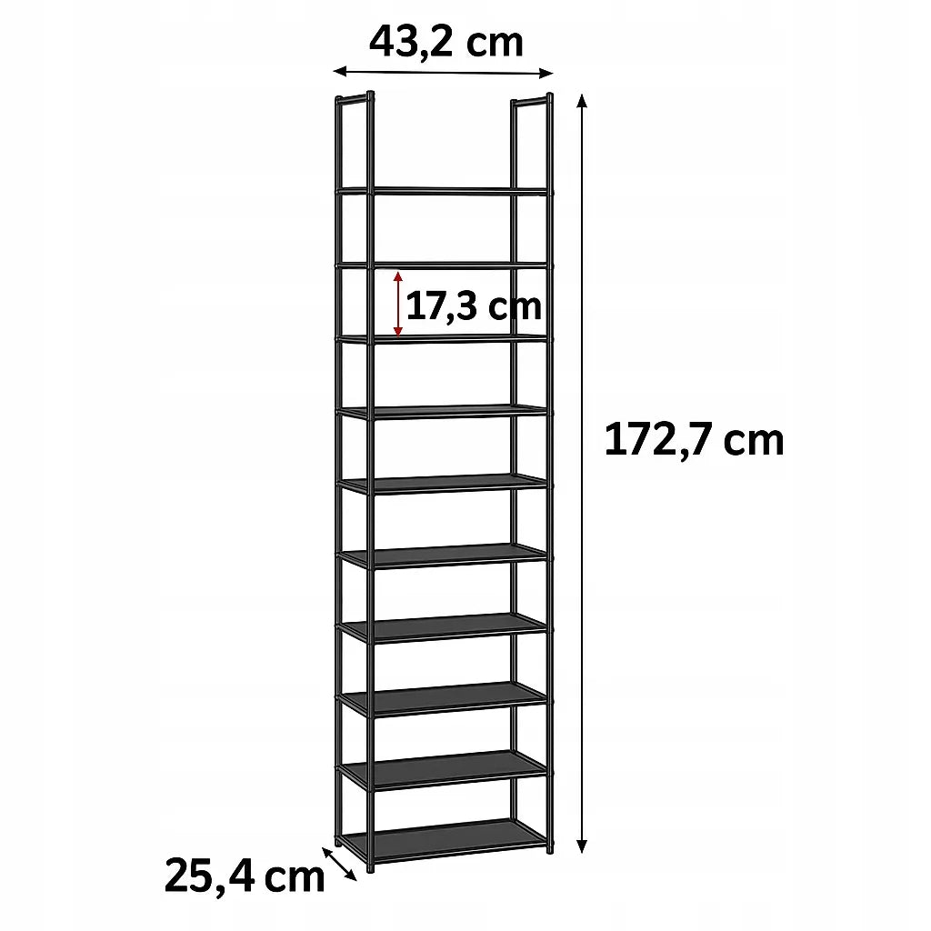Pastatoma batų spintelė Loft, juoda, 173 cm, 10 lentynų, metalas + neaustinė medžiaga