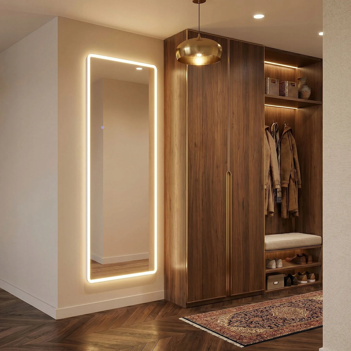 Pastatomas pakabinamas veidrodis su LED apšvietimu REA CLASSICO 60x170 cm baltu rėmu