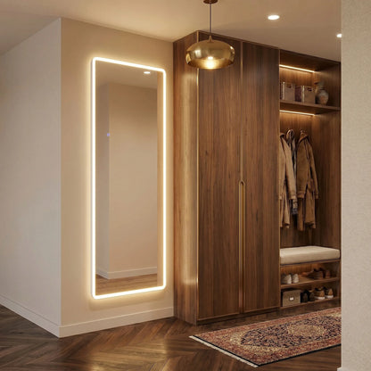 Pastatomas pakabinamas veidrodis su LED apšvietimu REA CLASSICO 60x170 cm baltu rėmu