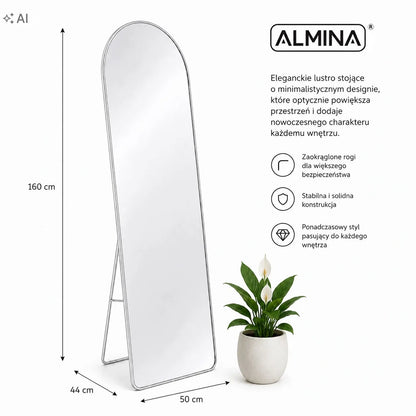 Pastatomas veidrodis 160 × 50 cm, didelis grindinis veidrodis su sidabriniu metaliniu rėmu