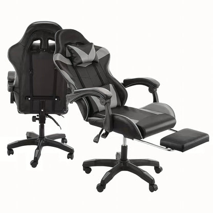 Pasukama gaming kėdė su kojų atrama, kaušo formos, iki 150 kg, pilka ir juoda