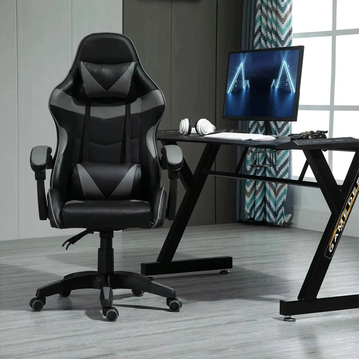 Pasukama gaming kėdė su kojų atrama, kaušo formos, iki 150 kg, pilka ir juoda