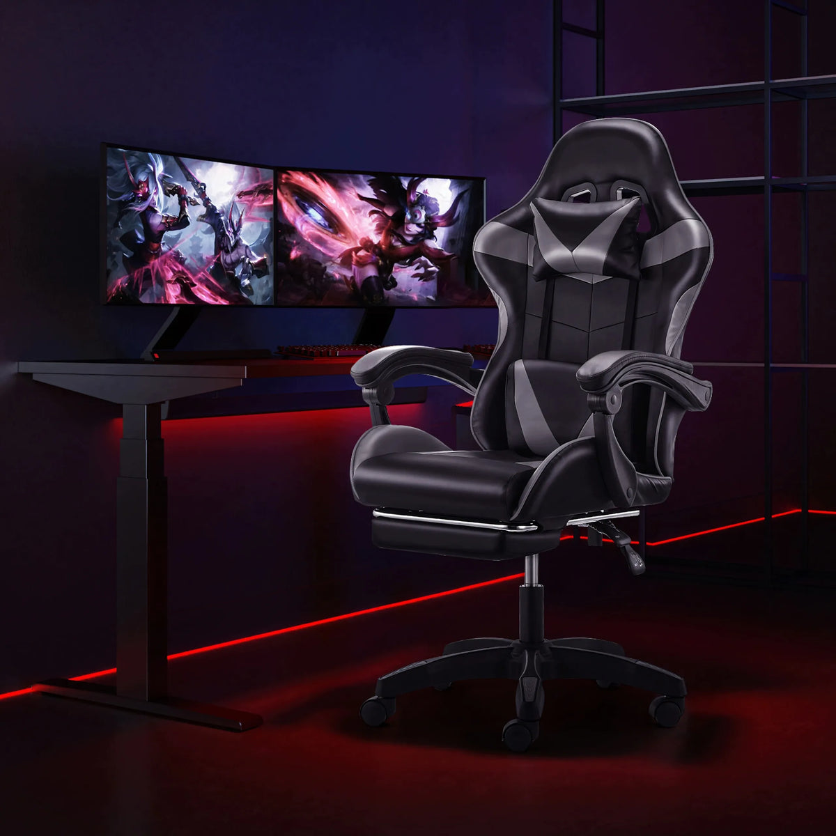 Pasukama gaming kėdė su kojų atrama, kaušo formos, iki 150 kg, pilka ir juoda