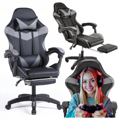 Pasukama gaming kėdė su kojų atrama, kaušo formos, iki 150 kg, pilka ir juoda