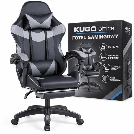 Pasukama gaming kėdė su kojų atrama, kaušo formos, iki 150 kg, pilka ir juoda