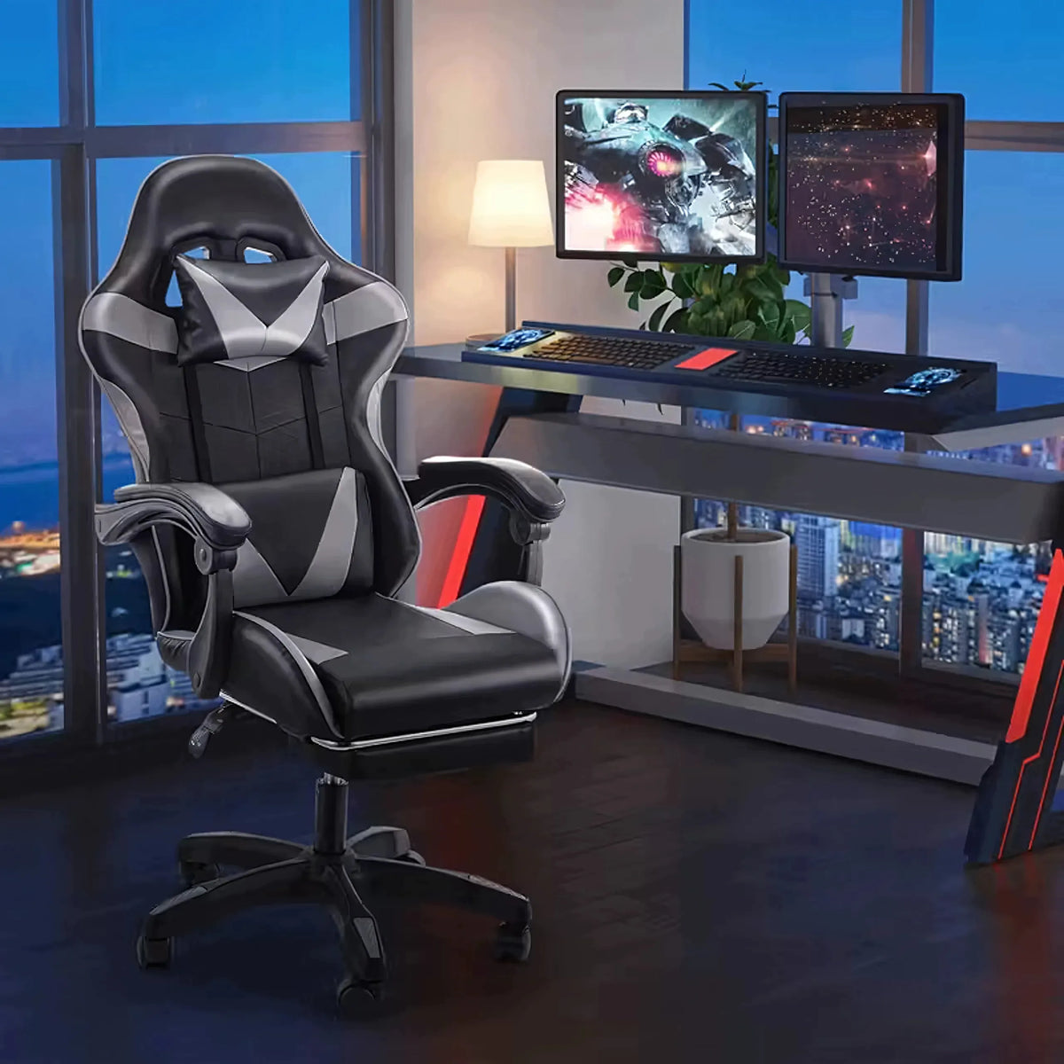 Pasukama gaming kėdė su kojų atrama, kaušo formos, iki 150 kg, pilka ir juoda
