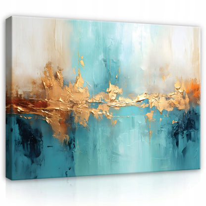 Paveikslas ant drobės „Wallarena“, abstrakcija, auksinė ir mėlyna, svetainei, miegamajam, virtuvei, 120 × 80 cm