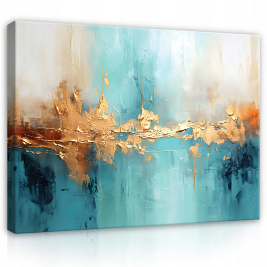 Paveikslas ant drobės „Wallarena“, abstrakcija, auksinė ir mėlyna, svetainei, miegamajam, virtuvei, 120 × 80 cm