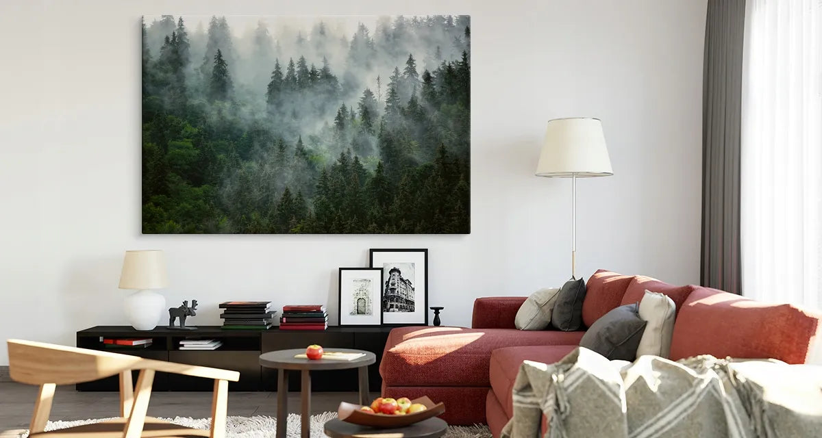 Paveikslas miegamajam ir svetainei „Miškas rūke, kalnai, gamta“ ant drobės, 120 × 80 cm