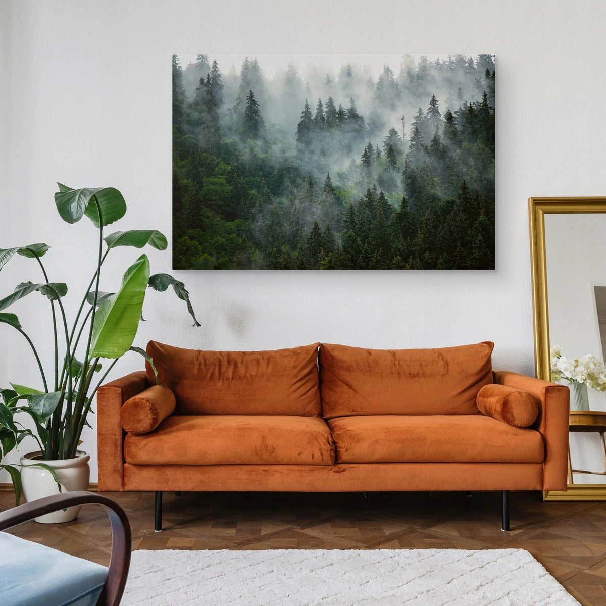 Paveikslas miegamajam ir svetainei „Miškas rūke, kalnai, gamta“ ant drobės, 120 × 80 cm
