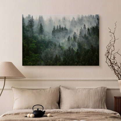Paveikslas miegamajam ir svetainei „Miškas rūke, kalnai, gamta“ ant drobės, 120 × 80 cm