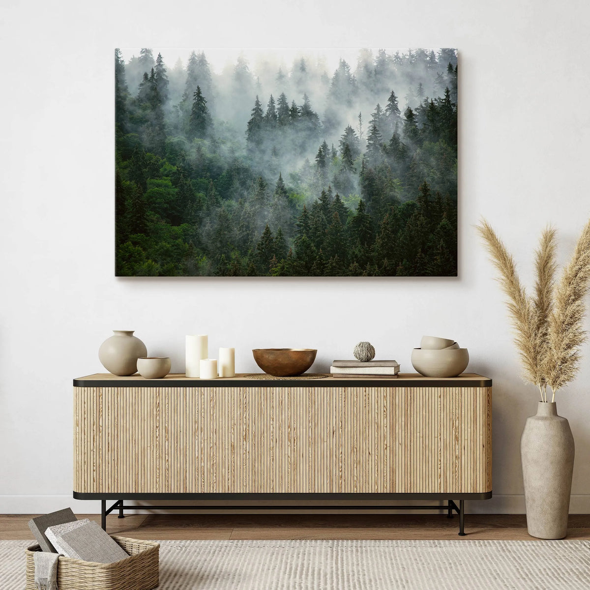Paveikslas miegamajam ir svetainei „Miškas rūke, kalnai, gamta“ ant drobės, 120 × 80 cm