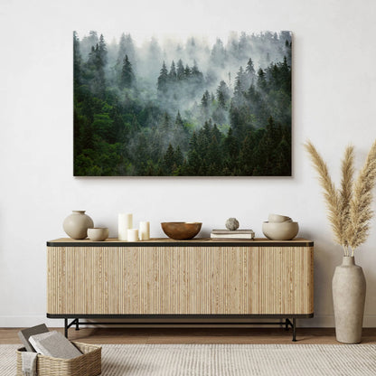 Paveikslas miegamajam ir svetainei „Miškas rūke, kalnai, gamta“ ant drobės, 120 × 80 cm