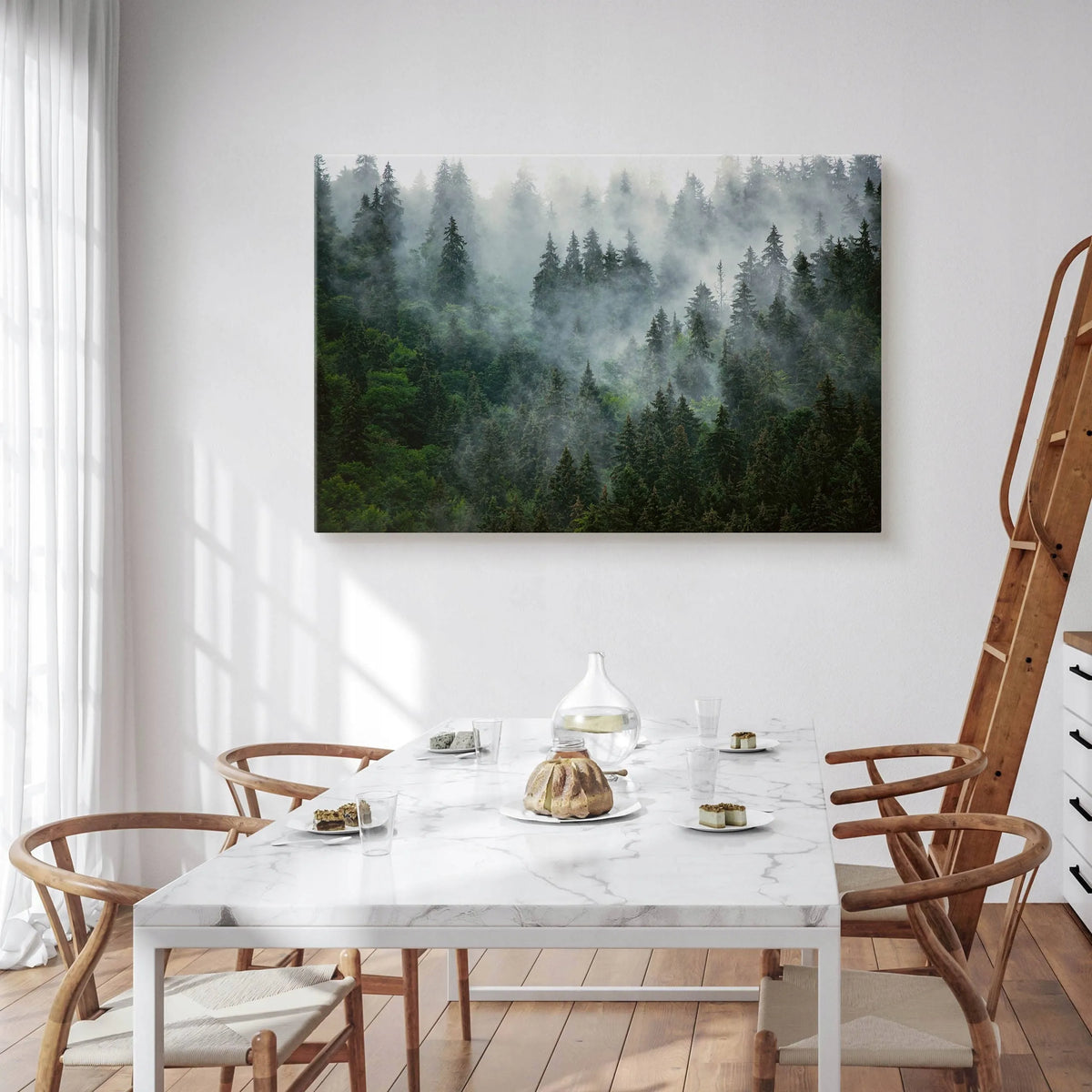 Paveikslas miegamajam ir svetainei „Miškas rūke, kalnai, gamta“ ant drobės, 120 × 80 cm