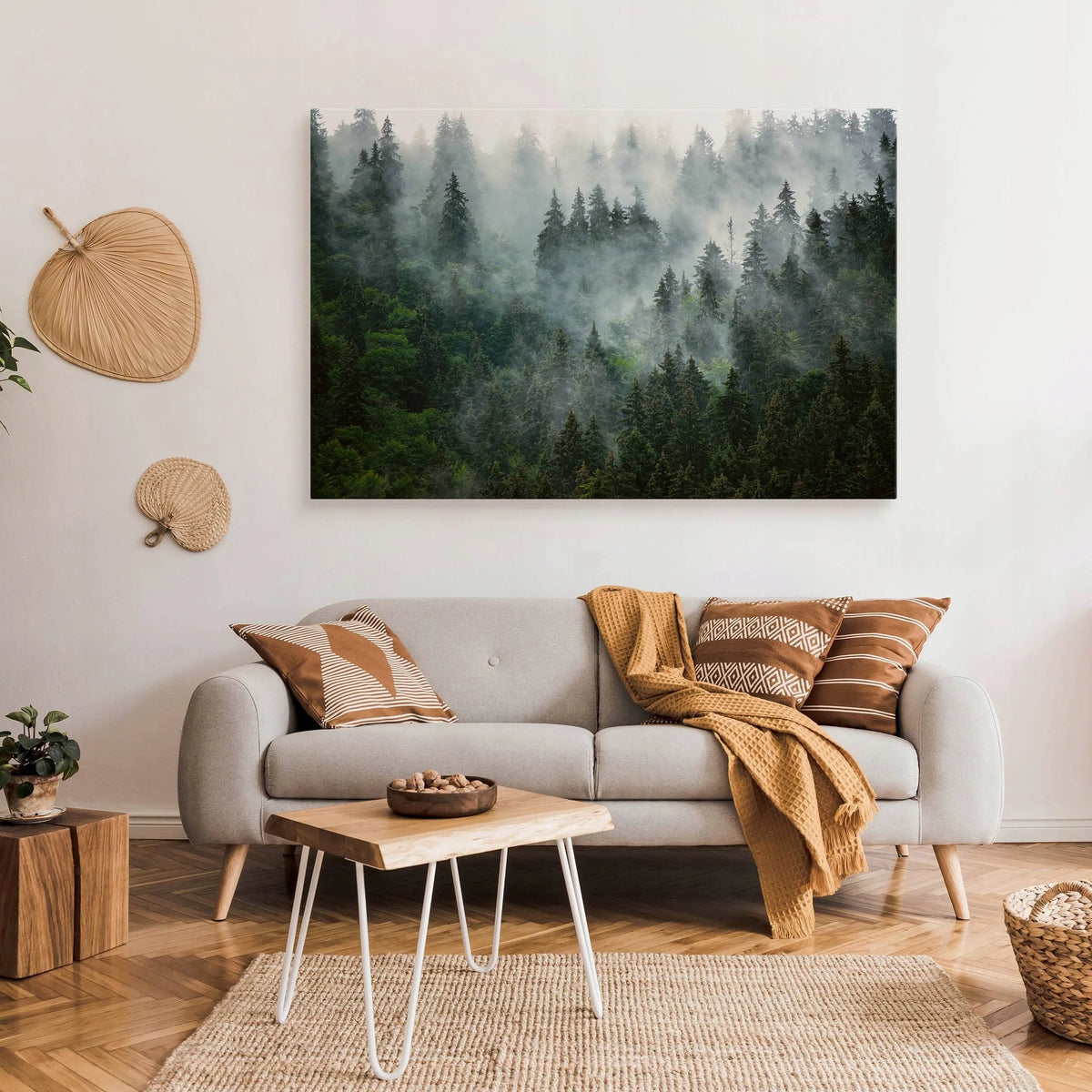 Paveikslas miegamajam ir svetainei „Miškas rūke, kalnai, gamta“ ant drobės, 120 × 80 cm