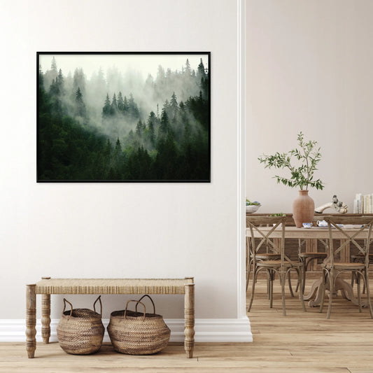 Paveikslas su juodu rėmu ant drobės „Miškas rūke“, gamtos peizažas svetainei ir miegamajam, 120 × 80 cm