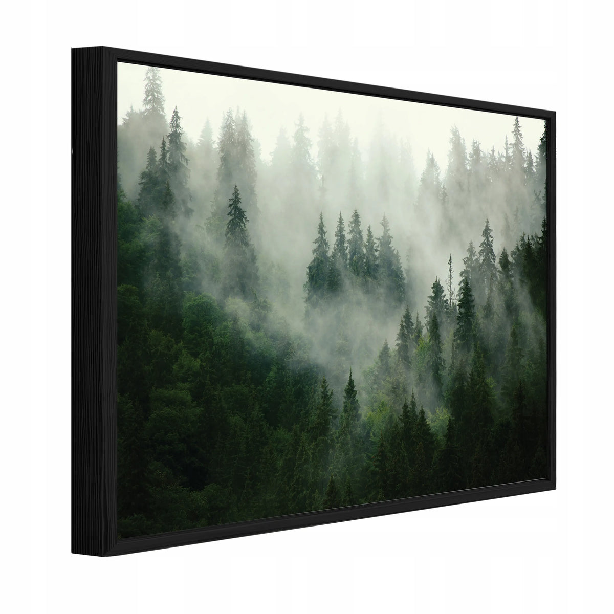 Paveikslas su juodu rėmu ant drobės „Miškas rūke“, gamtos peizažas svetainei ir miegamajam, 120 × 80 cm