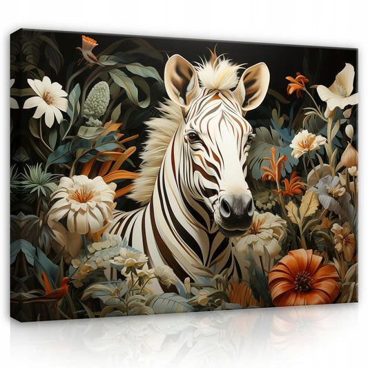 Paveikslas „Zebra, gėlės ir gyvūnai“ ant drobės sienai, svetainei ir miegamajam, 120 × 80 cm