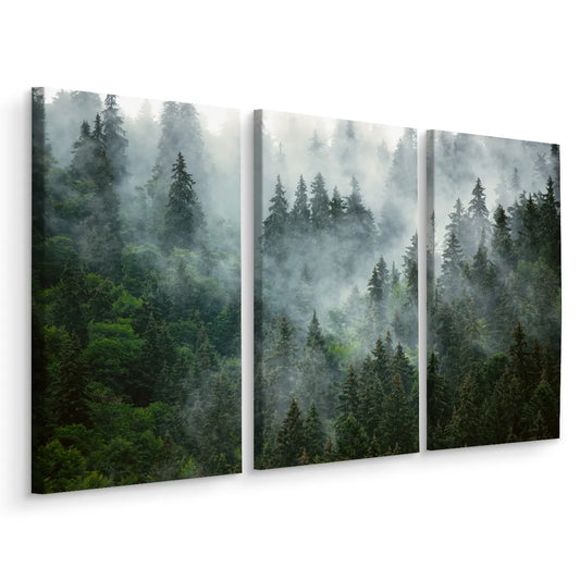 Paveikslų rinkinys svetainei „Miškas rūke“ – gamtos peizažas ant sienos, triptikas 120 × 80 cm