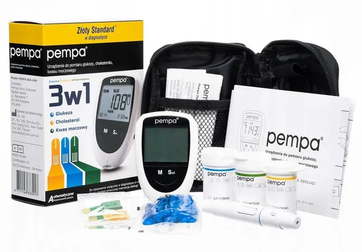 PEMPA 3in1 gliukomatis, skirtas gliukozės, cholesterolio ir šlapimo rūgšties matavimui