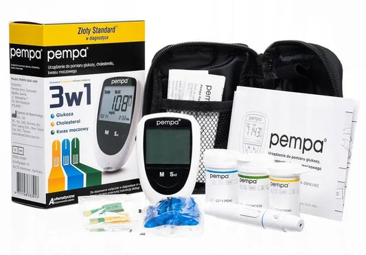 PEMPA 3in1 gliukomatis, skirtas gliukozės, cholesterolio ir šlapimo rūgšties matavimui