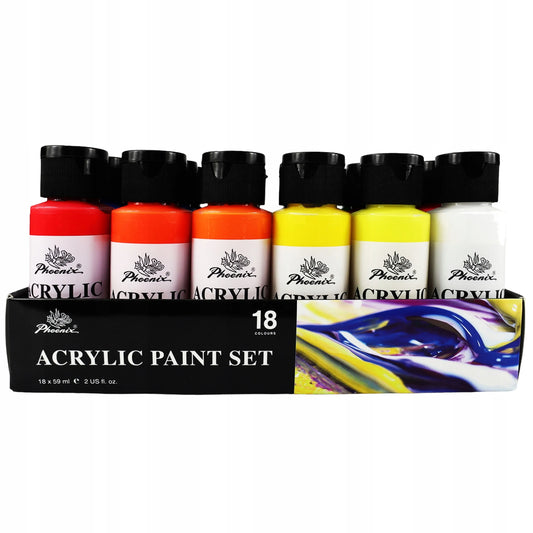 „Phoenix“ akrilinių dažų rinkinys, 18 spalvų, 18 × 59 ml, dailės darbams ir dovanai