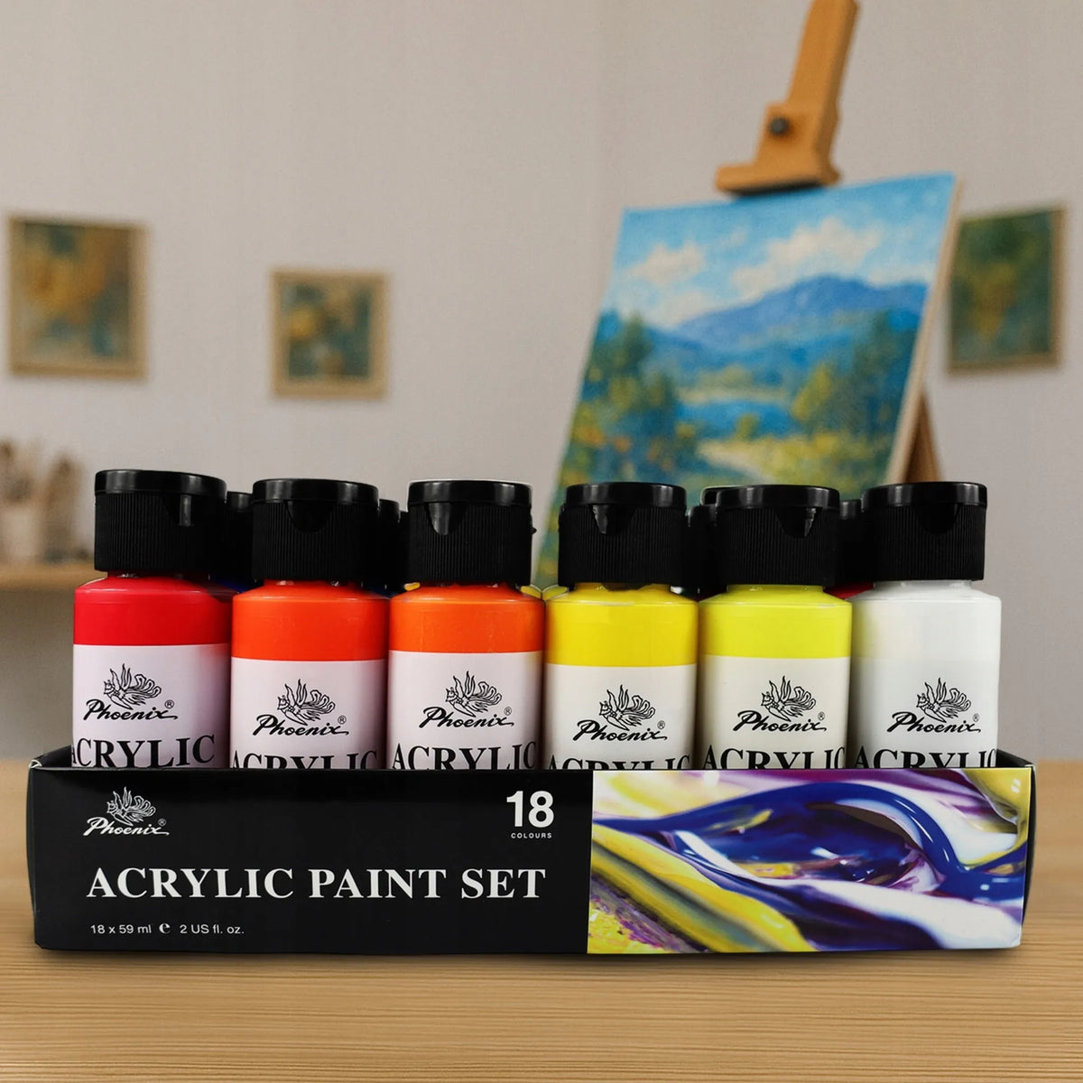 „Phoenix“ akrilinių dažų rinkinys, 18 spalvų, 18 × 59 ml, dailės darbams ir dovanai