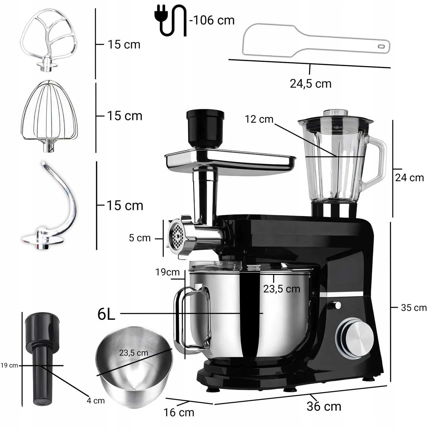 Planetinis virtuvės robotas RETOO CookMaster 5in1, 3200W, su dubeniu, trintuvu ir mėsos malūnėliu
