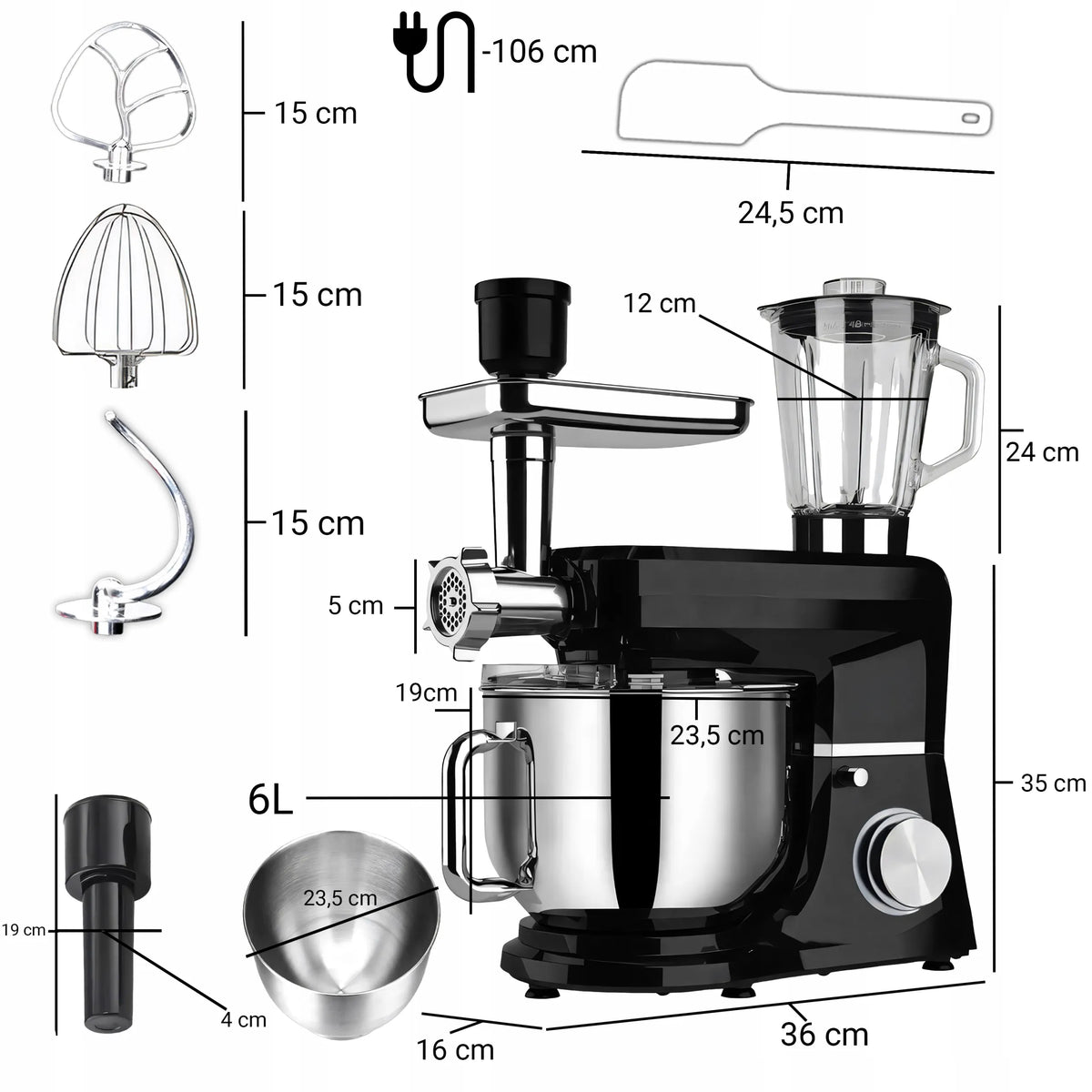 Planetinis virtuvės robotas RETOO CookMaster 5in1, 3200W, su dubeniu, trintuvu ir mėsos malūnėliu