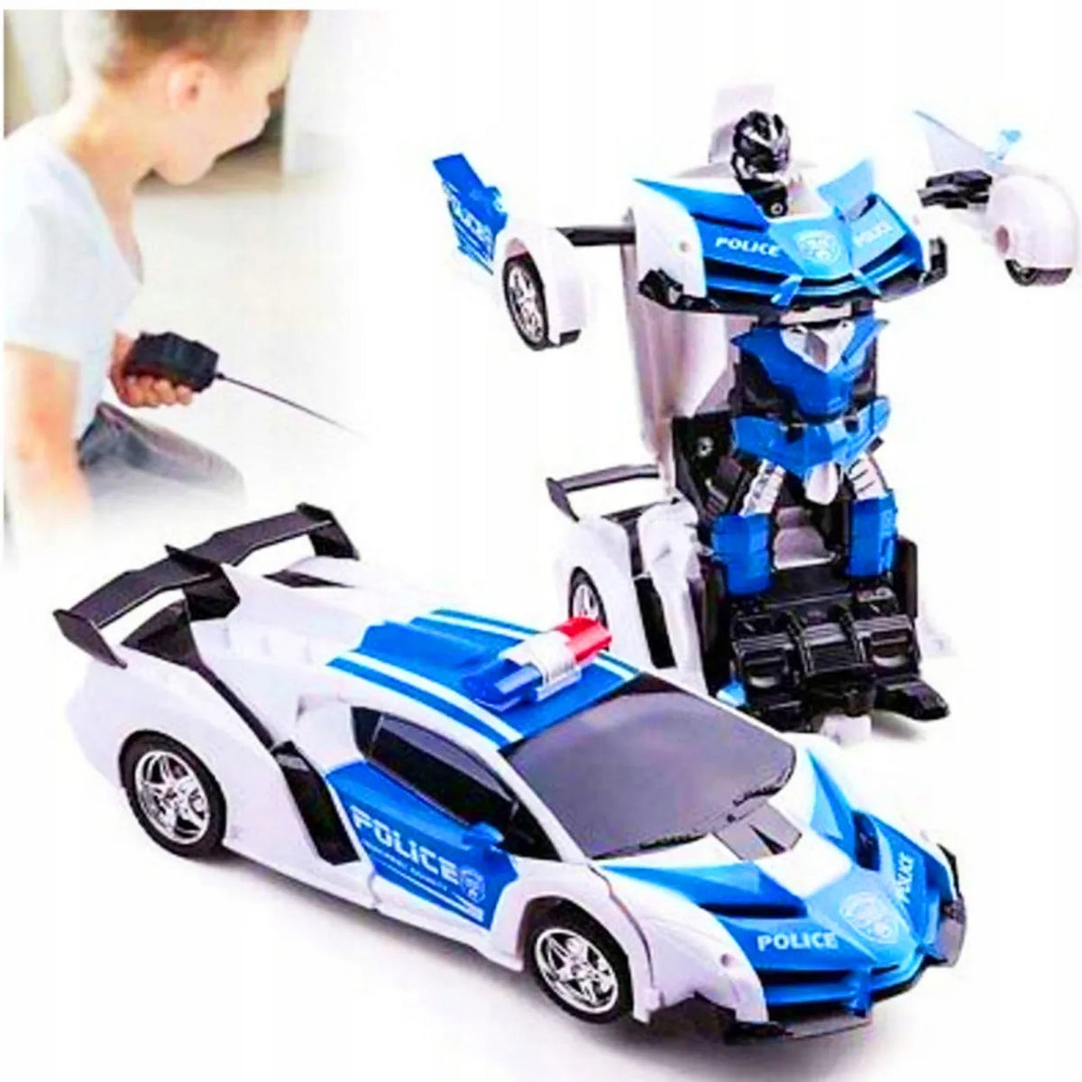 Policijos automobilis-robotas, nuotoliniu būdu valdomas sportinis automobilis
