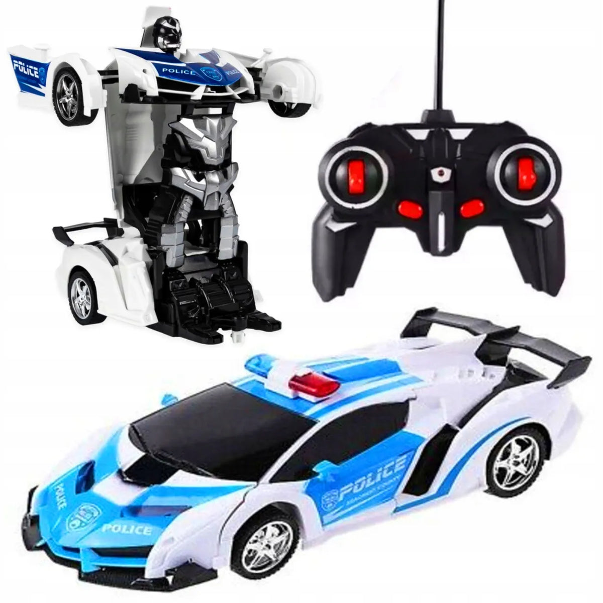 Policijos automobilis-robotas, nuotoliniu būdu valdomas sportinis automobilis