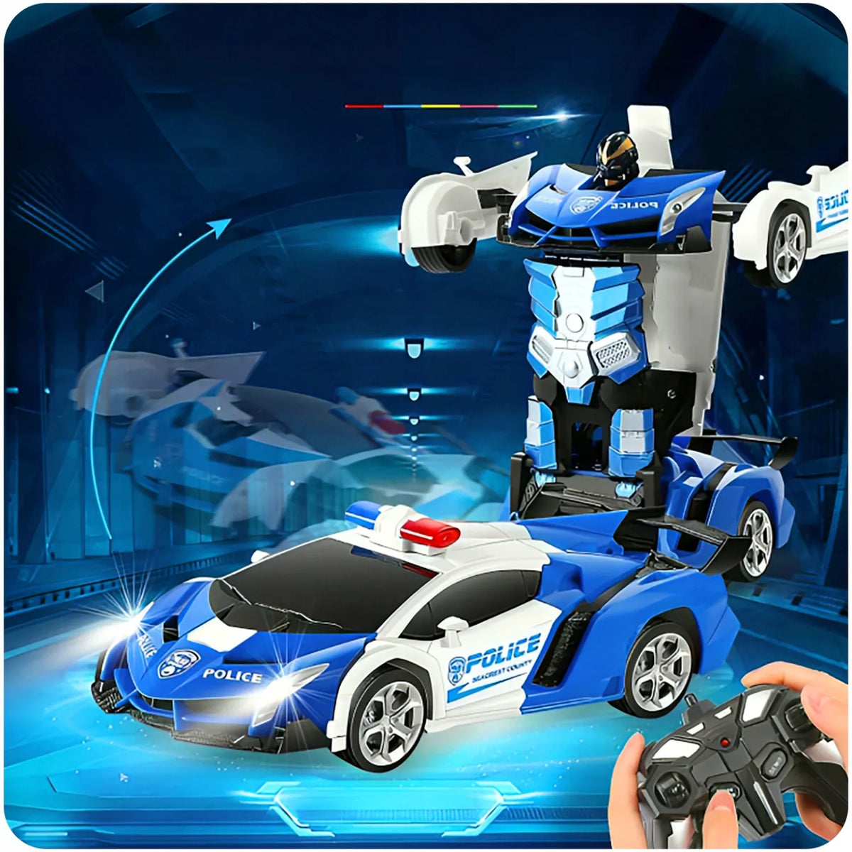 Policijos automobilis-robotas, nuotoliniu būdu valdomas sportinis automobilis