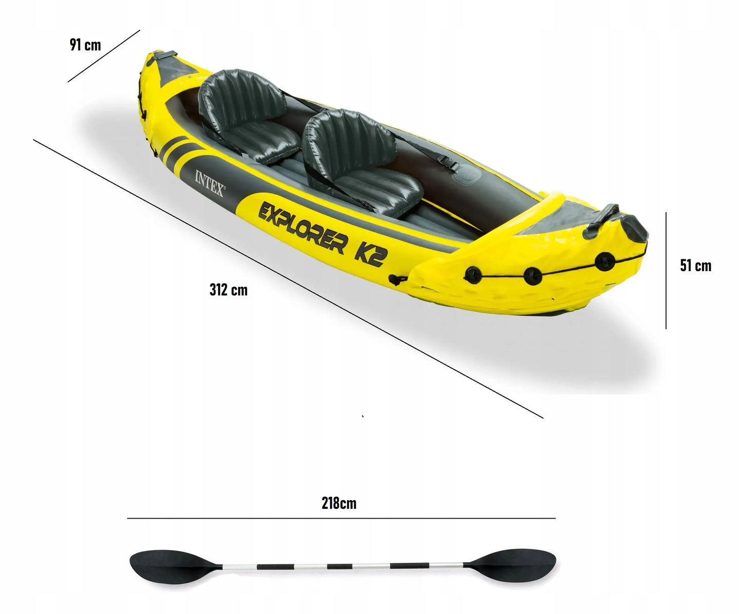 Pripučiamas dvivietis baidarė Intex Explorer K2 312x91x51 cm su irklais, pompa ir krepšiu