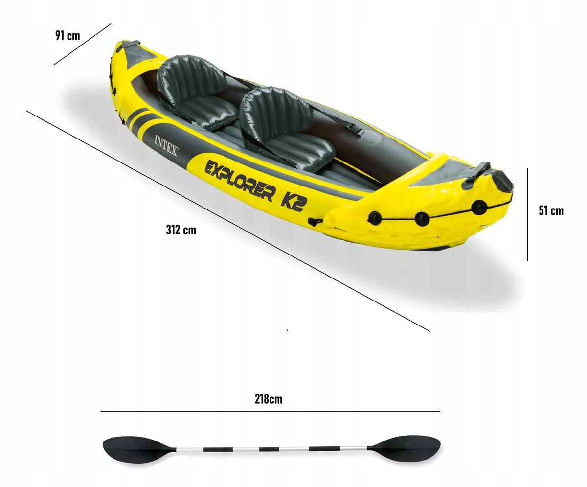 Pripučiamas dvivietis baidarė Intex Explorer K2 312x91x51 cm su irklais, pompa ir krepšiu
