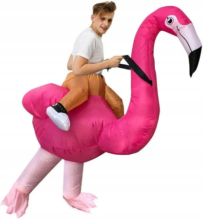 Pripučiamas flamingas kostiumas persirengimui flamingas raitelis suaugusiems