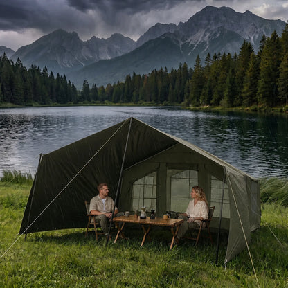 Pripučiamas kempingo ir glampingo palapinė 5–7 asmenims su dideliu prieangiu, Oxford 420D
