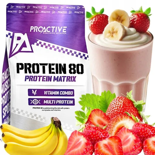 ProActive Protein 80 WPC baltymų papildas su vitaminais C, B ir E, braškių ir bananų skonio, 700 g