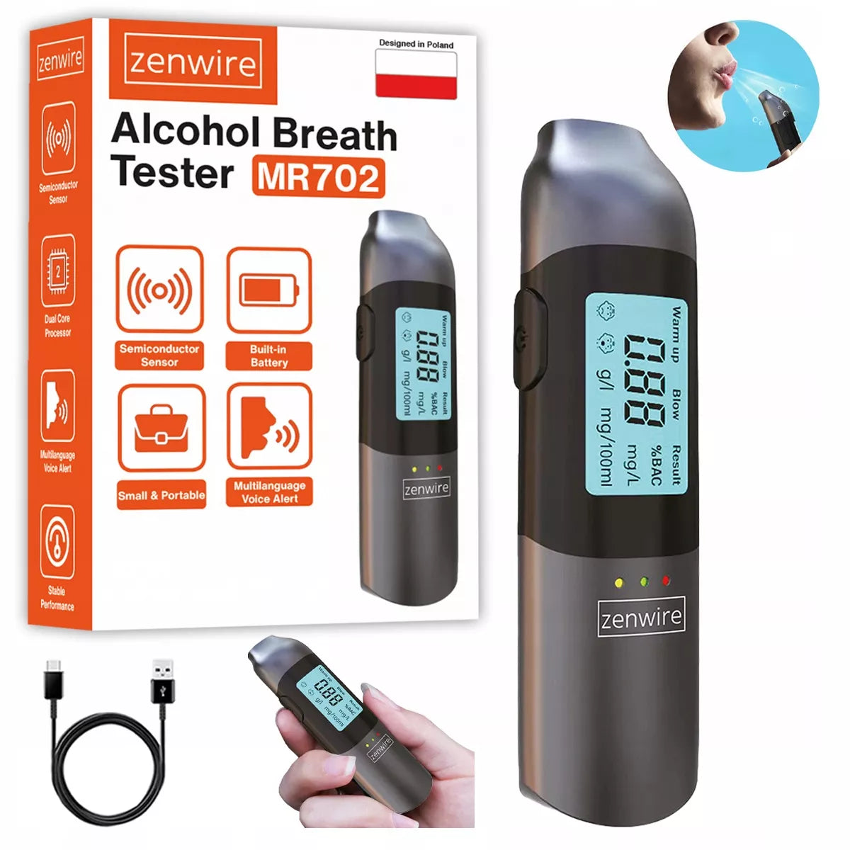 Profesionalus bekontaktis policijos tipo alkotesteris Zenwire MR702, įkraunamas per USB-C