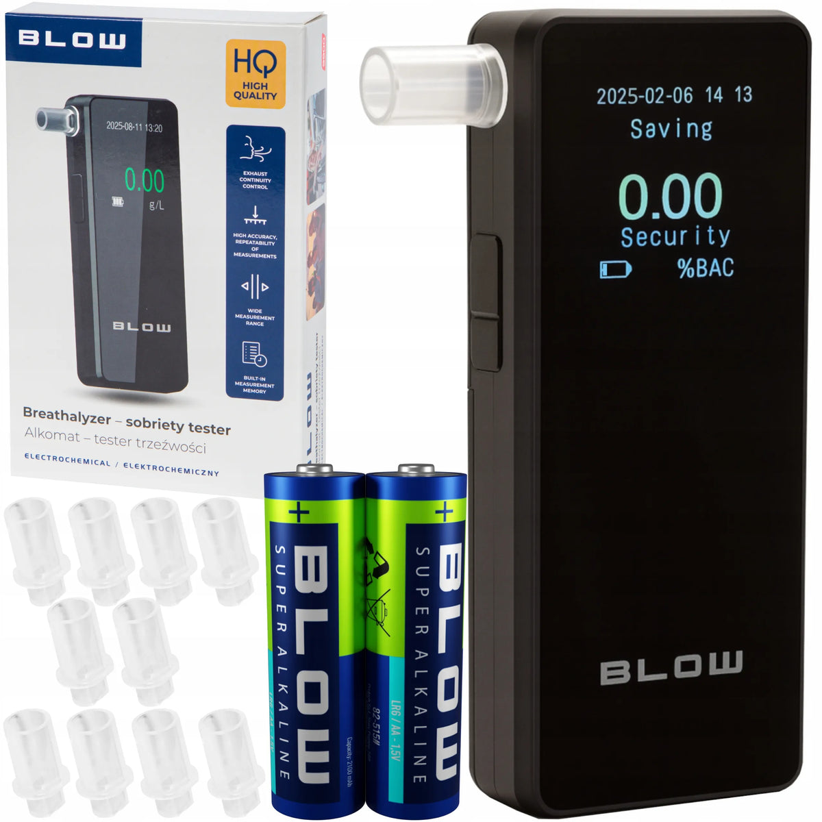 Profesionalus elektrocheminis alkoholio matuoklis BLOW – tikslus alkotesteris + 10 antgalių