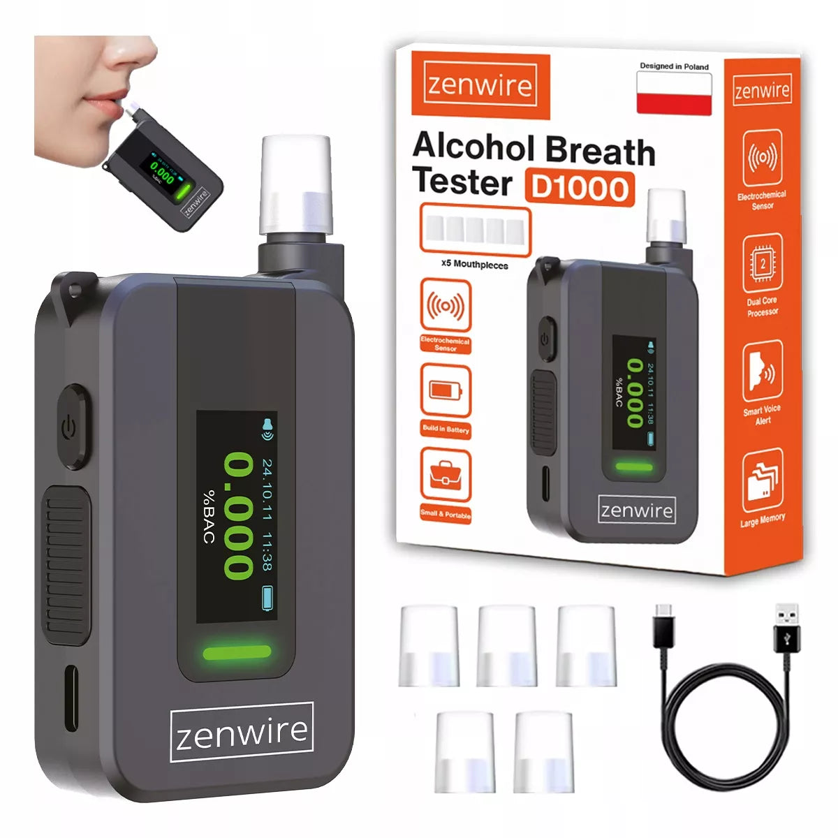 Profesionalus policijos elektrocheminis alkotesteris Zenwire AI be kandiklio su 6 kandikliais