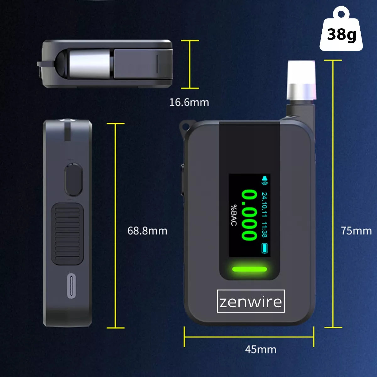 Profesionalus policijos elektrocheminis alkotesteris Zenwire AI be kandiklio su 6 kandikliais