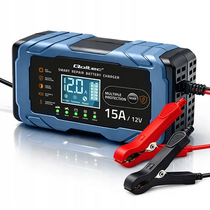 Qoltec 12V 15A įkroviklis AGM GEL LiFePO4 LCD su „Repair“ funkcija, 9 pakopų