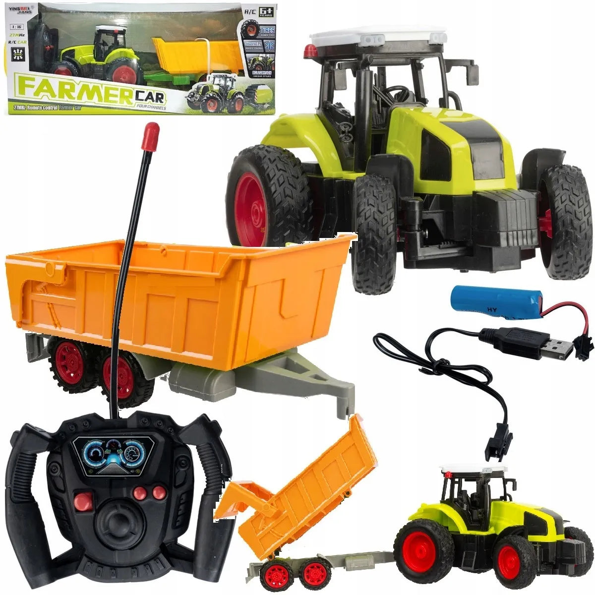 QULKI didelis nuotoliniu būdu valdomas traktorius su priekaba, 39 cm, RC, USB įkrovimas