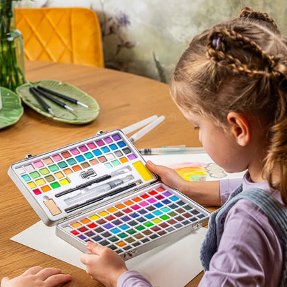 Ragi akvareliniai dažai tabletėmis, 128 spalvos ir teptukai, 135 dalių rinkinys