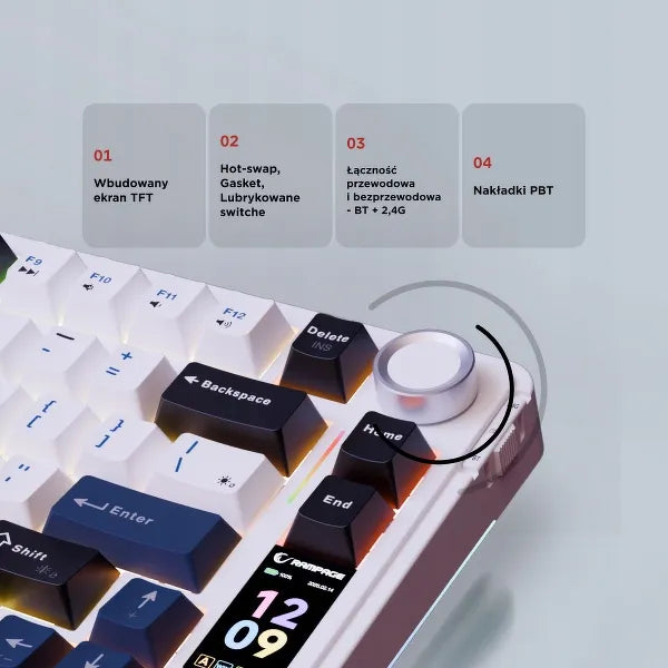 Rampage Quell Pro belaidė mechaninė klaviatūra su ekranu ir „gasket“ konstrukcija