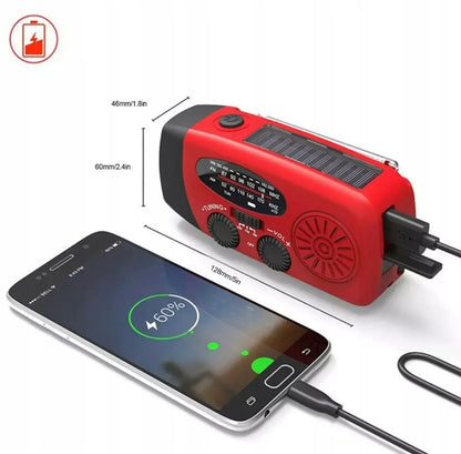 Raudonas avarinis saulės radijas su rankine rankenėle, „3 viename“: radijas, išorinė baterija ir žibintuvėlis