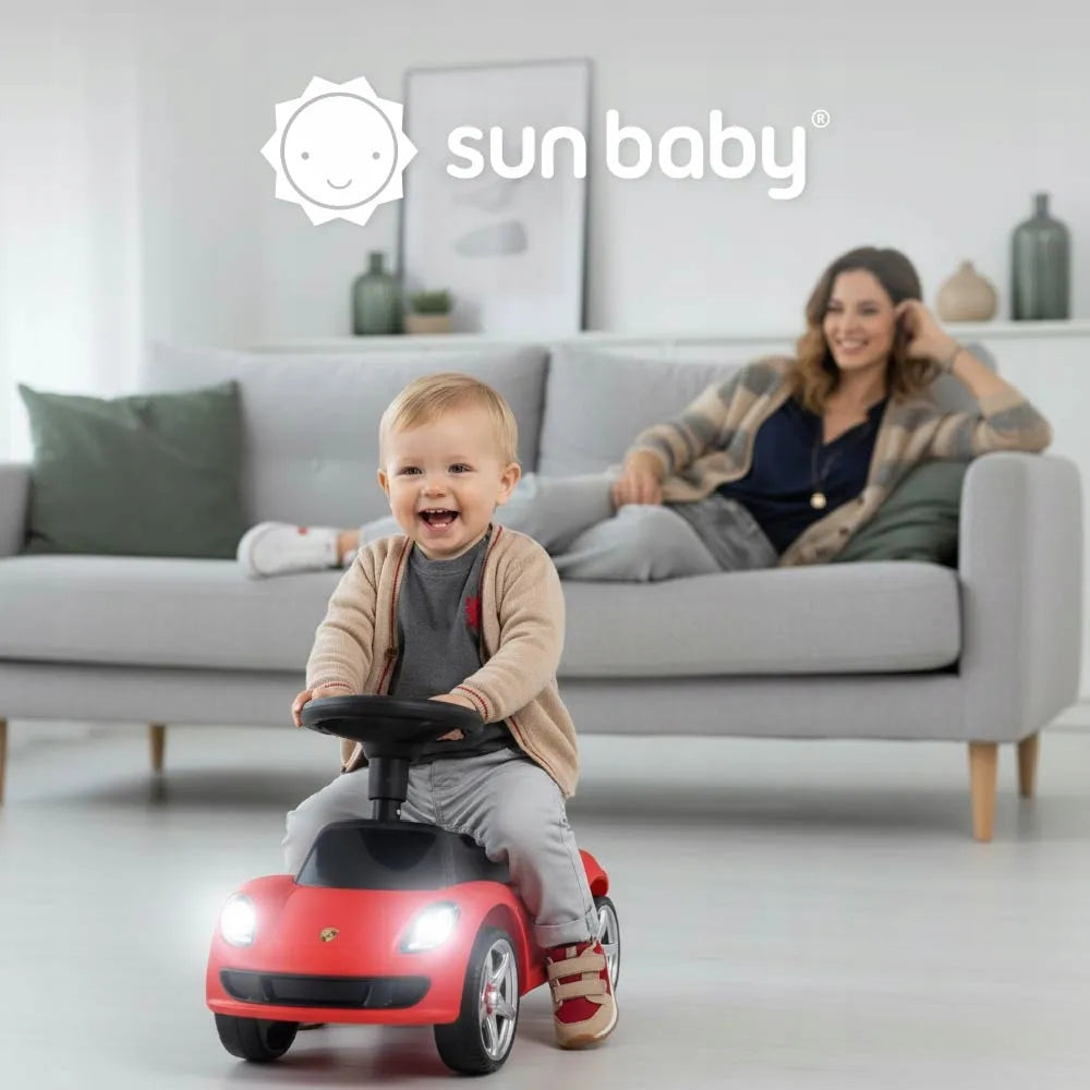 Raudonas vaikiškas paspirtukas-automobiliukas „Porsche Carrera GT“ su šviesomis, „Sun Baby“